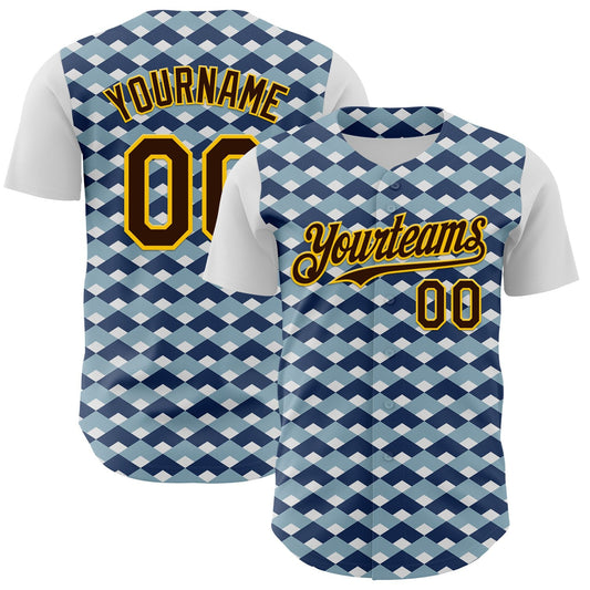 Custom White Brown Blue-Gold Geometric Diamond Grid Rhombus Authentic Baseball Jersey - Main View