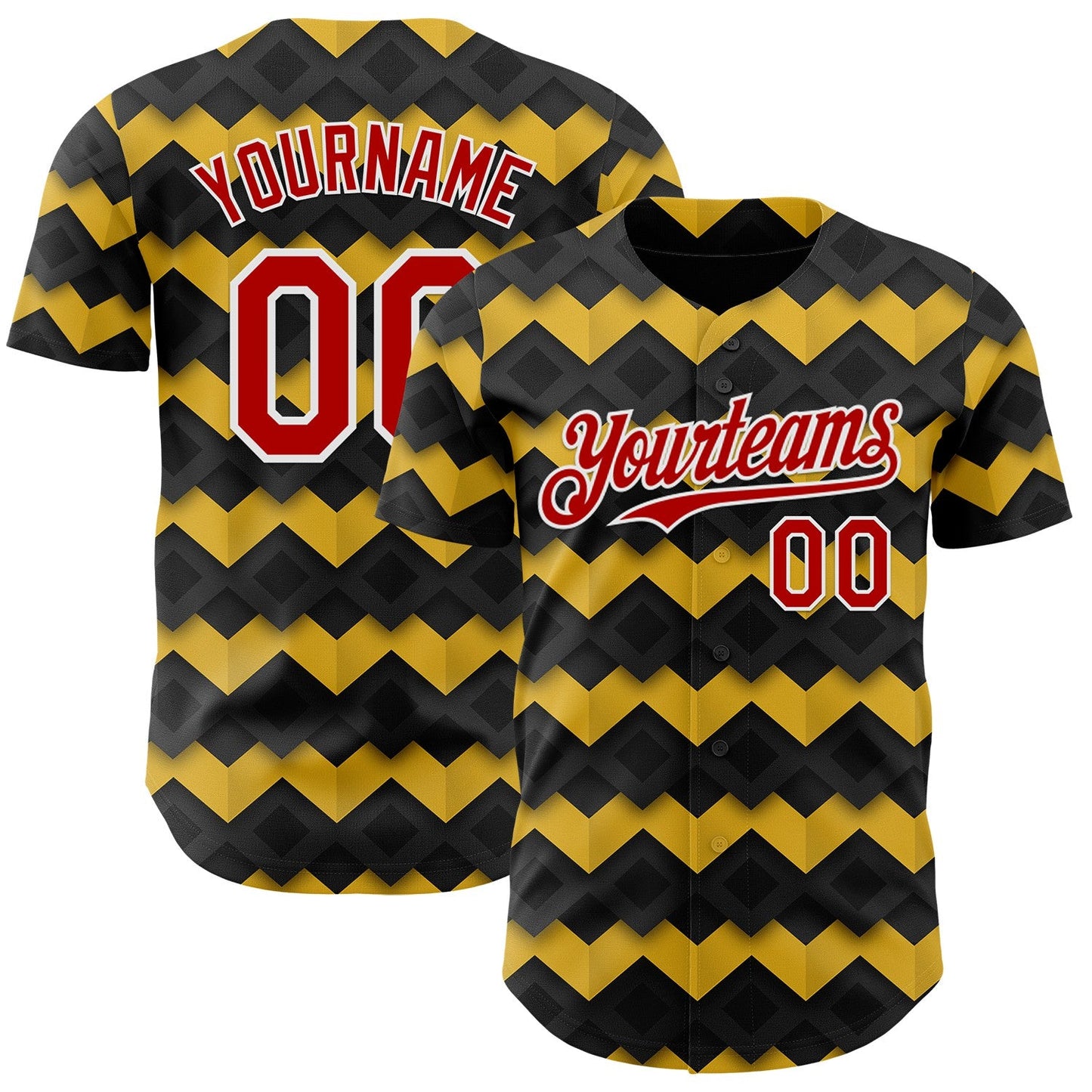 Custom Black Red Yellow-White Geometric Diamond Grid Rhombus Authentic Baseball Jersey - Main View