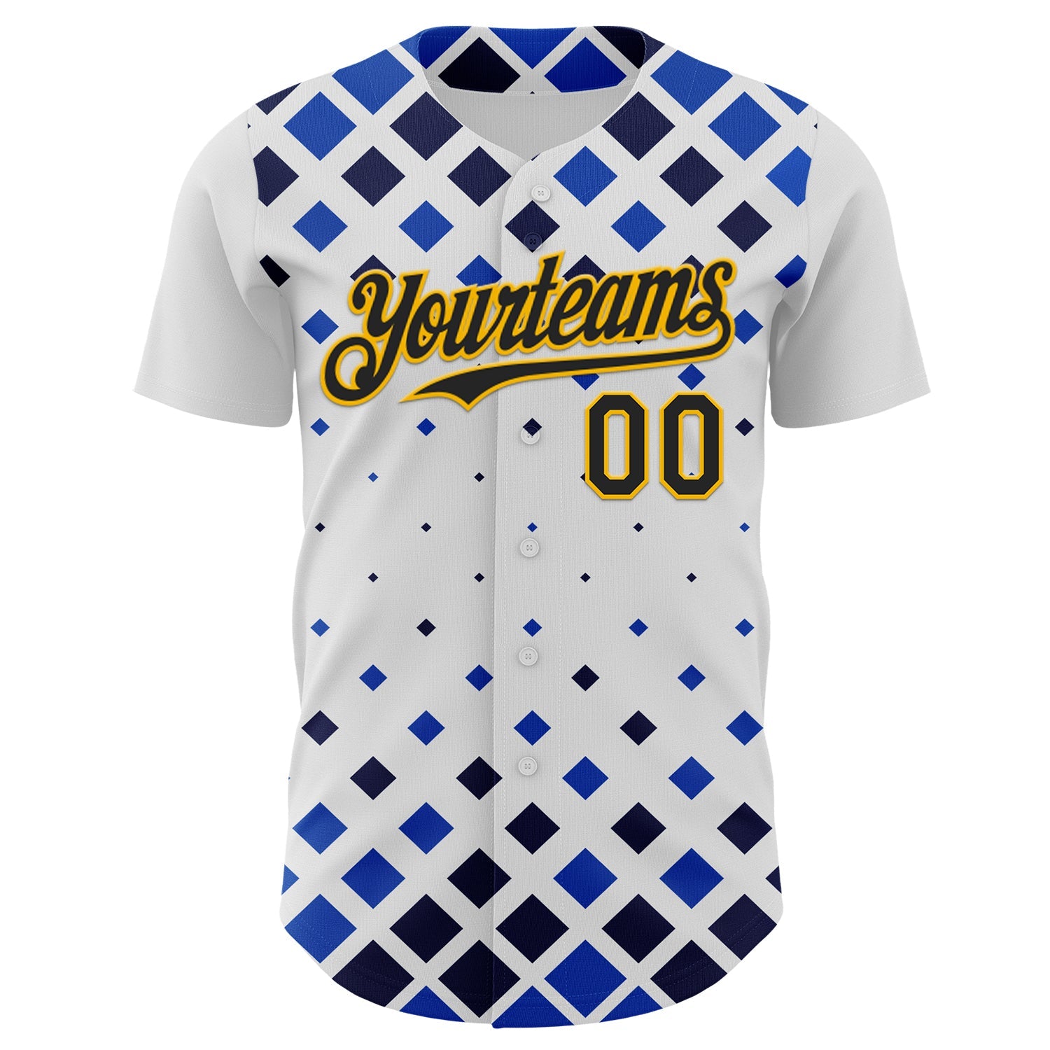 Custom White Black Blue-Gold Geometric Diamond Grid Rhombus Authentic Baseball Jersey view 2