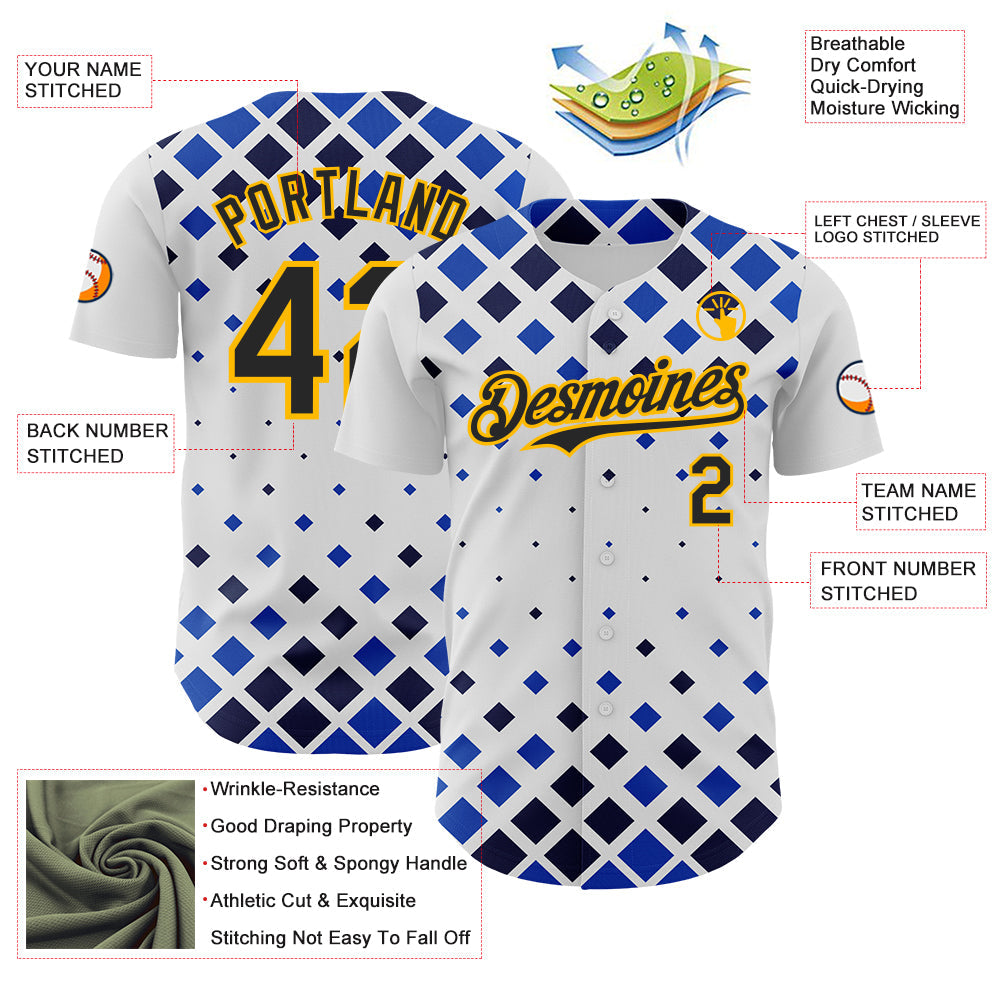 Custom White Black Blue-Gold Geometric Diamond Grid Rhombus Authentic Baseball Jersey view 3