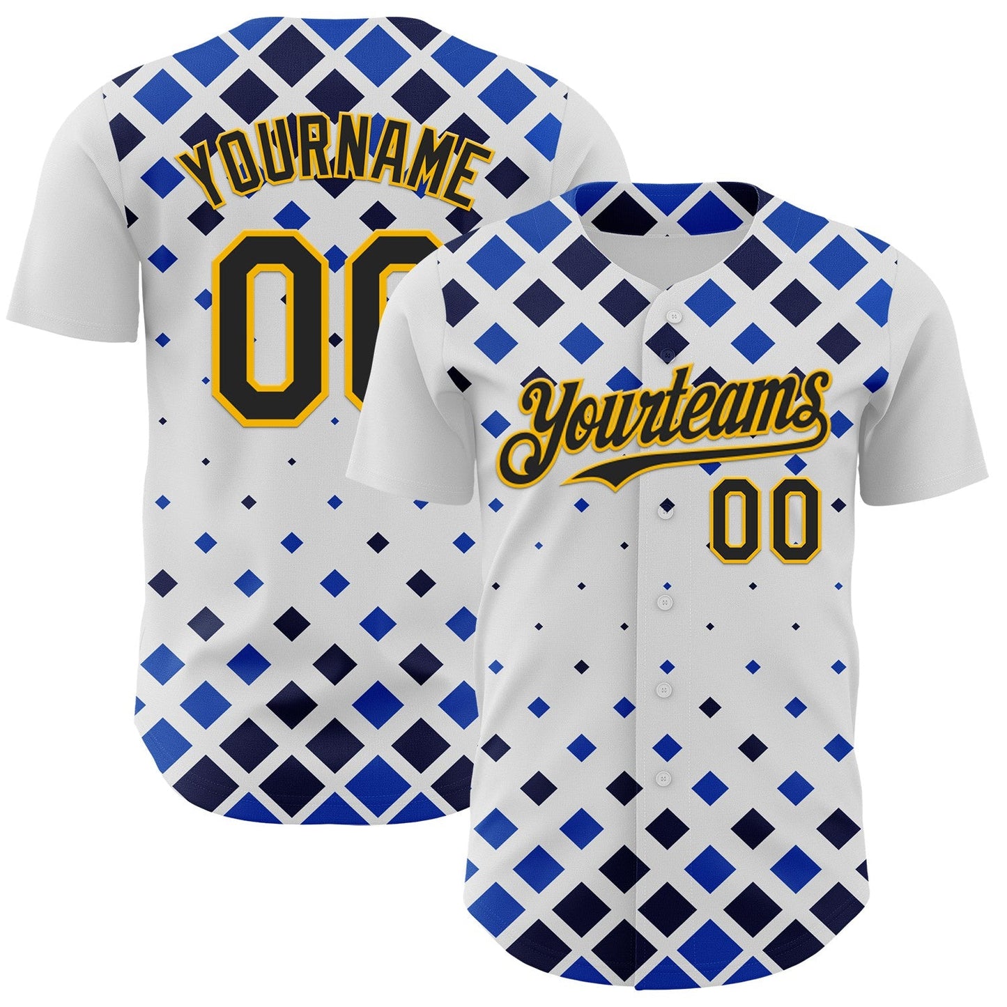Custom White Black Blue-Gold Geometric Diamond Grid Rhombus Authentic Baseball Jersey - Main View