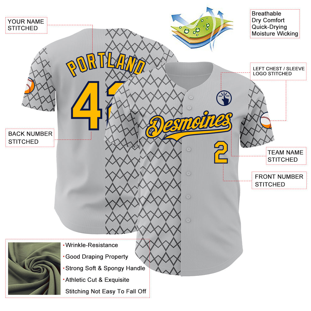 Custom Gray Gold-Navy Geometric Diamond Grid Rhombus Authentic Baseball Jersey view 3