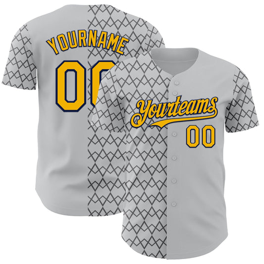 Custom Gray Gold-Navy Geometric Diamond Grid Rhombus Authentic Baseball Jersey - Main View