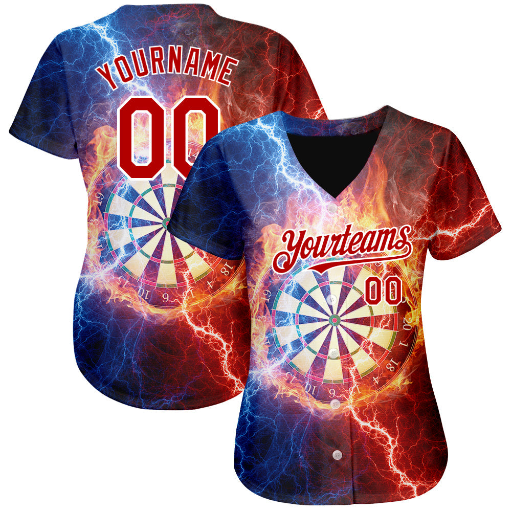 Custom Black Red-White 3D Pattern Design Lightning Flame Dart Board Authentic Baseball Jersey view 2