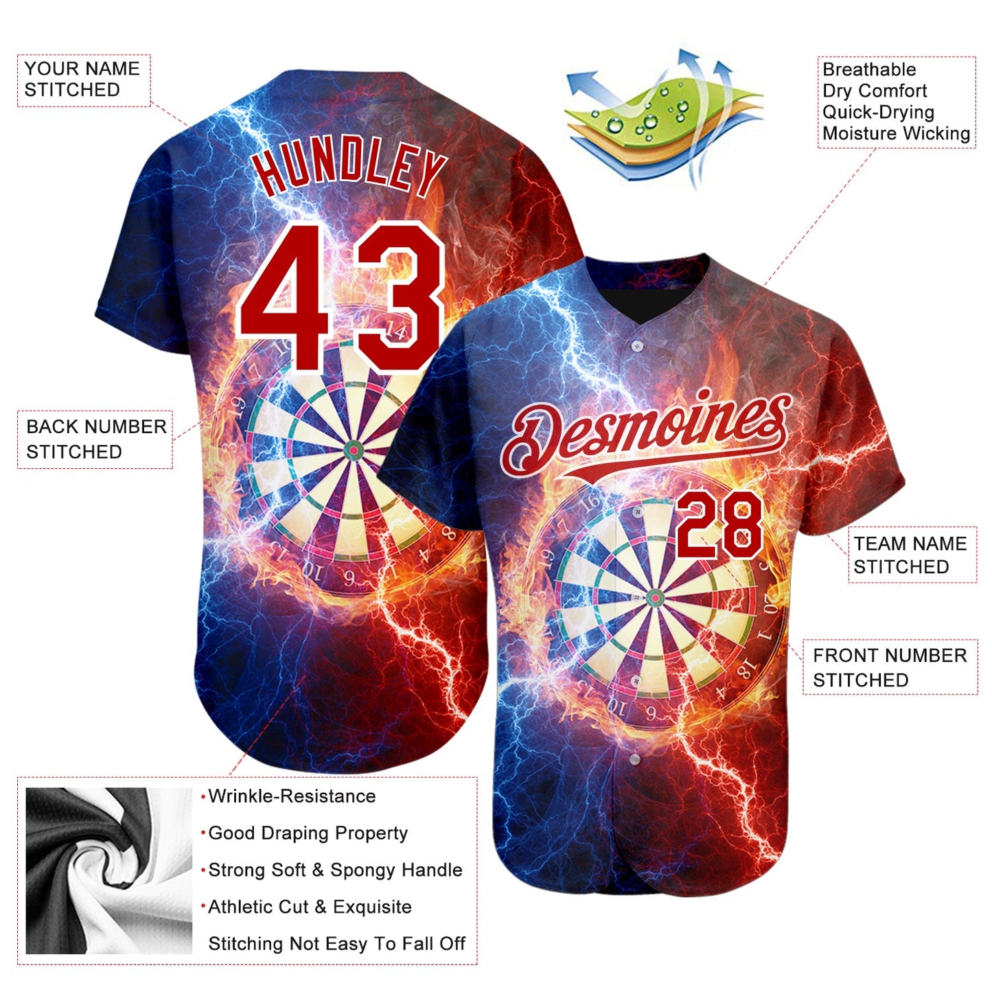 Custom Black Red-White 3D Pattern Design Lightning Flame Dart Board Authentic Baseball Jersey view 3