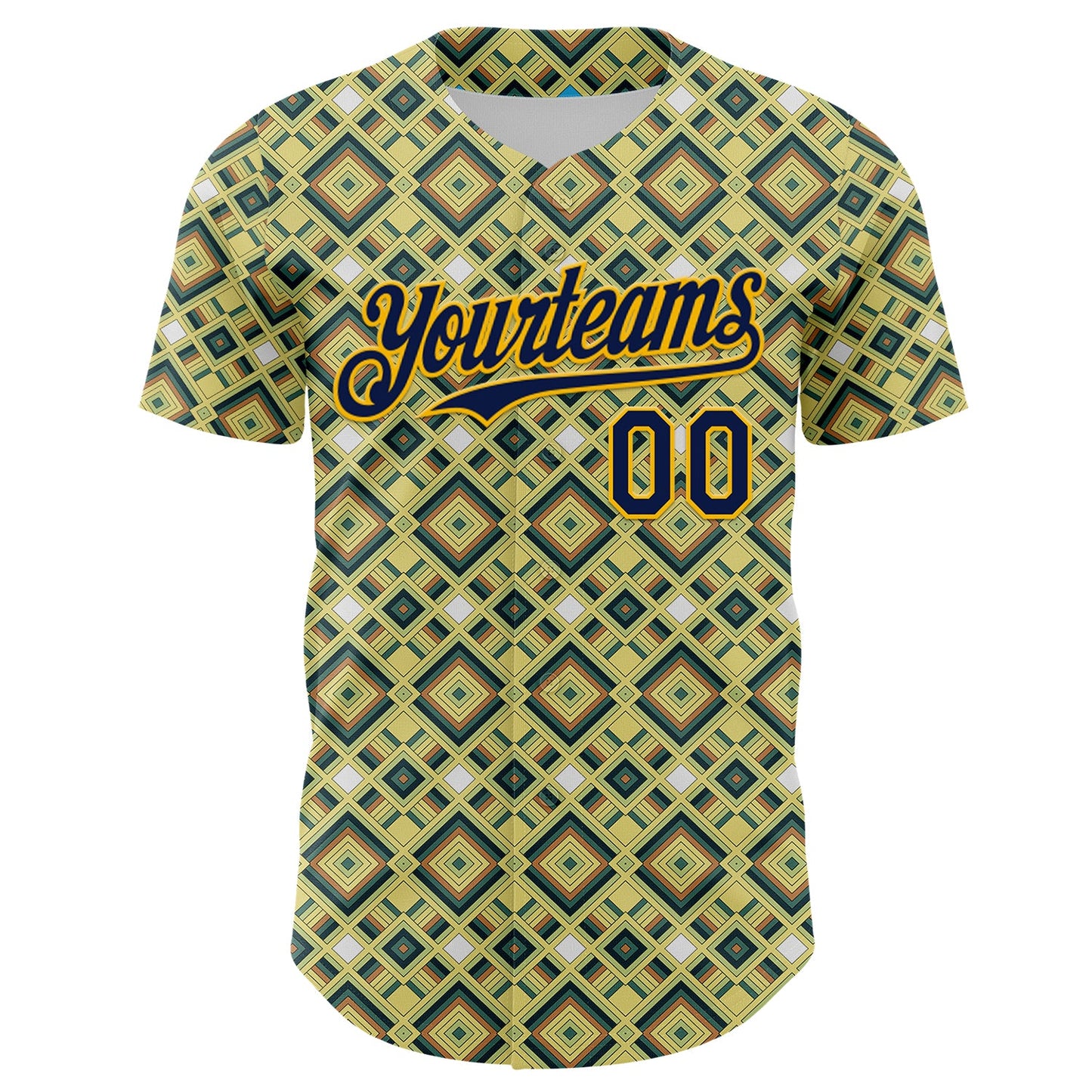 Custom Green Navy-Gold Geometric Diamond Grid Rhombus Authentic Baseball Jersey view 2