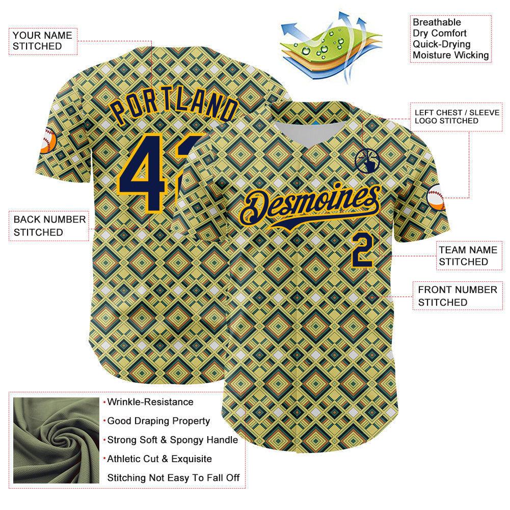 Custom Green Navy-Gold Geometric Diamond Grid Rhombus Authentic Baseball Jersey view 3