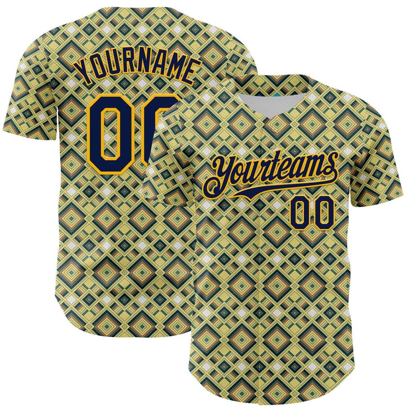 Custom Green Navy-Gold Geometric Diamond Grid Rhombus Authentic Baseball Jersey - Main View