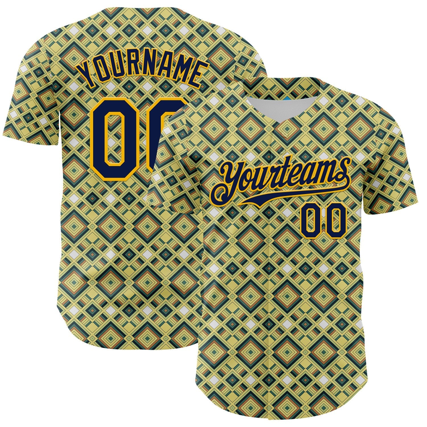 Custom Green Navy-Gold Geometric Diamond Grid Rhombus Authentic Baseball Jersey - Main View