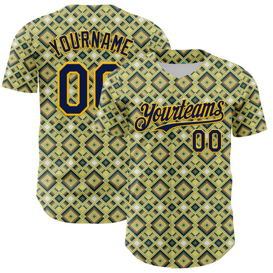 Custom Green Navy-Gold Geometric Diamond Grid Rhombus Authentic Baseball Jersey - Main View