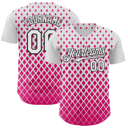 Custom White Pink-Black Geometric Diamond Grid Rhombus Authentic Baseball Jersey - Main View