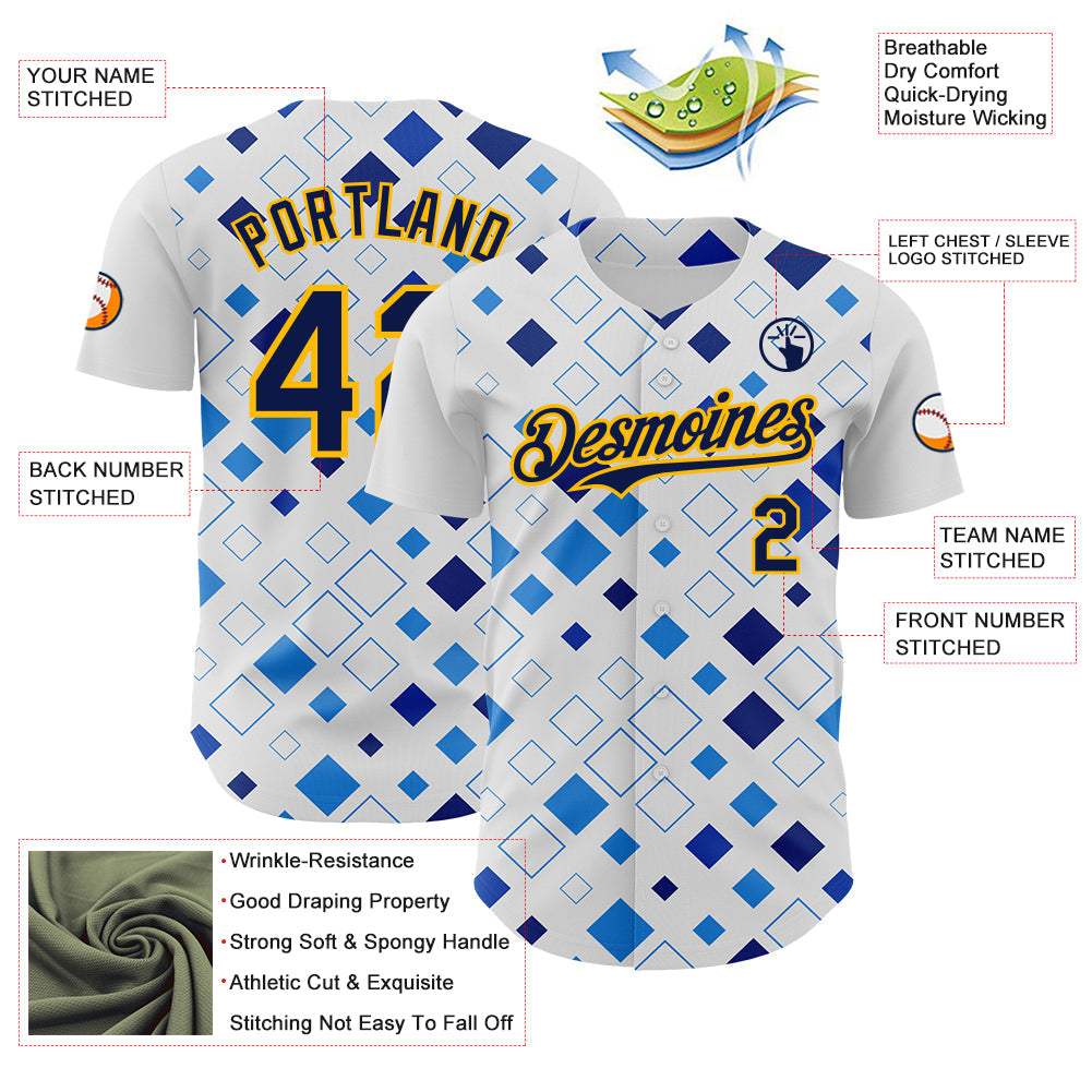 Custom White Navy Blue-Gold Geometric Diamond Grid Rhombus Authentic Baseball Jersey view 3