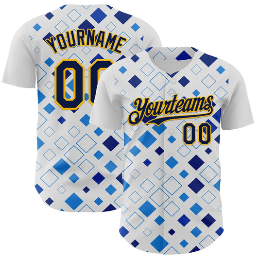 Custom White Navy Blue-Gold Geometric Diamond Grid Rhombus Authentic Baseball Jersey - Main View