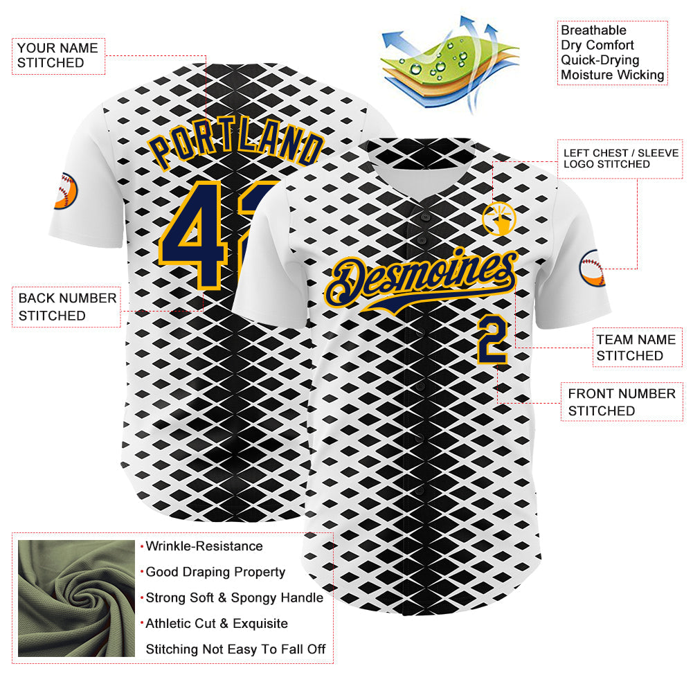 Custom White Navy Black-Gold Geometric Diamond Grid Rhombus Authentic Baseball Jersey view 3