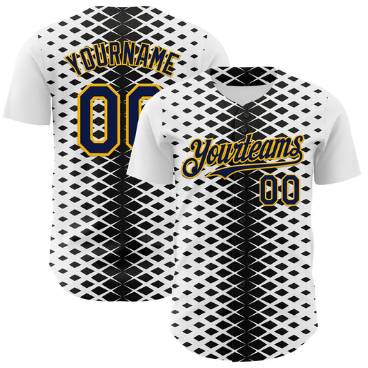 Custom White Navy Black-Gold Geometric Diamond Grid Rhombus Authentic Baseball Jersey - Main View