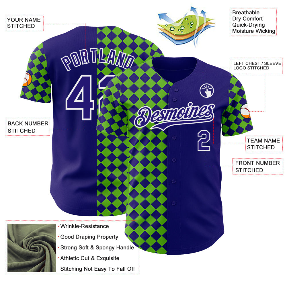 Custom Dark Purple Green-White Geometric Diamond Grid Rhombus Authentic Baseball Jersey view 3
