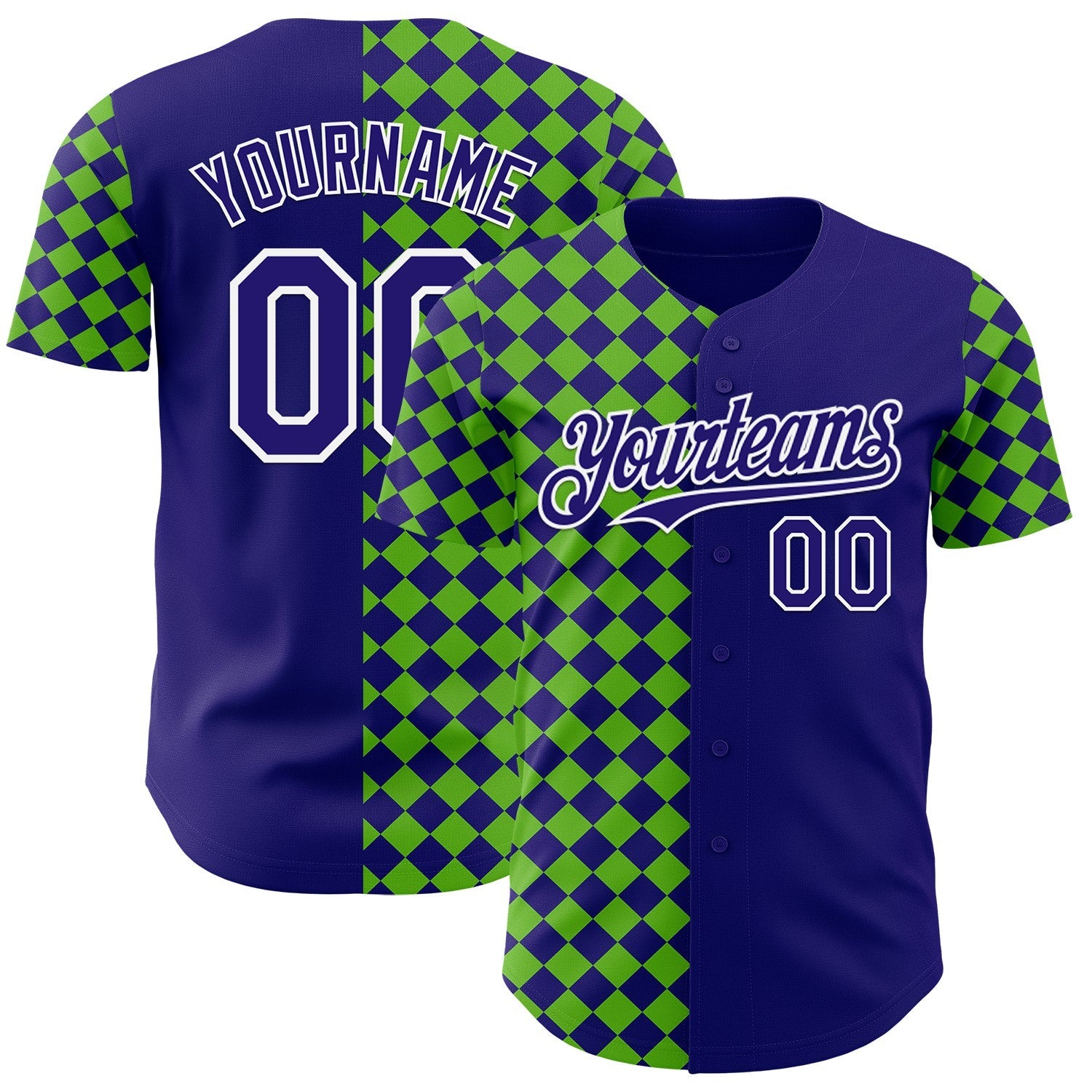 Custom Dark Purple Green-White Geometric Diamond Grid Rhombus Authentic Baseball Jersey - Main View
