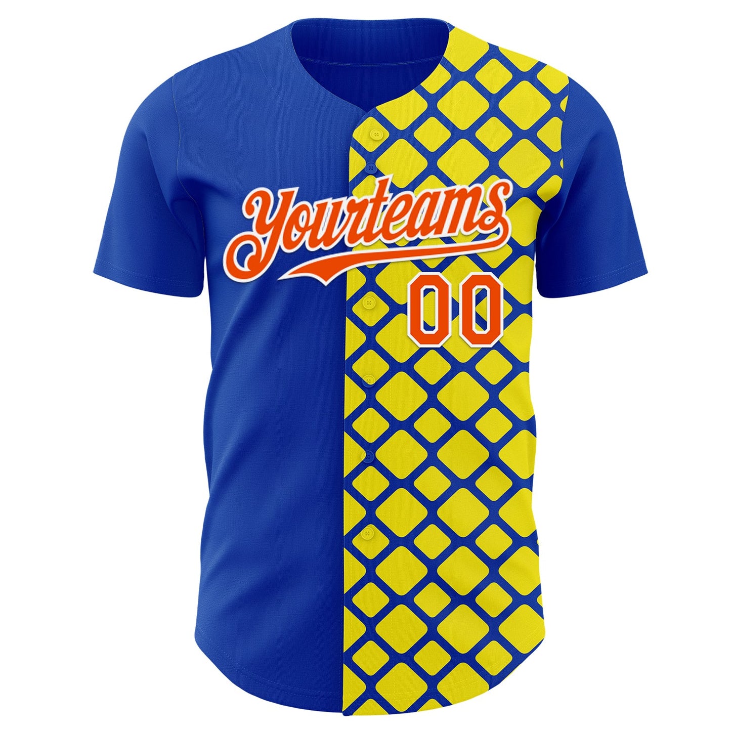 Custom Thunder Blue Orange Light Yellow-White Geometric Diamond Grid Rhombus Authentic Baseball Jersey view 2