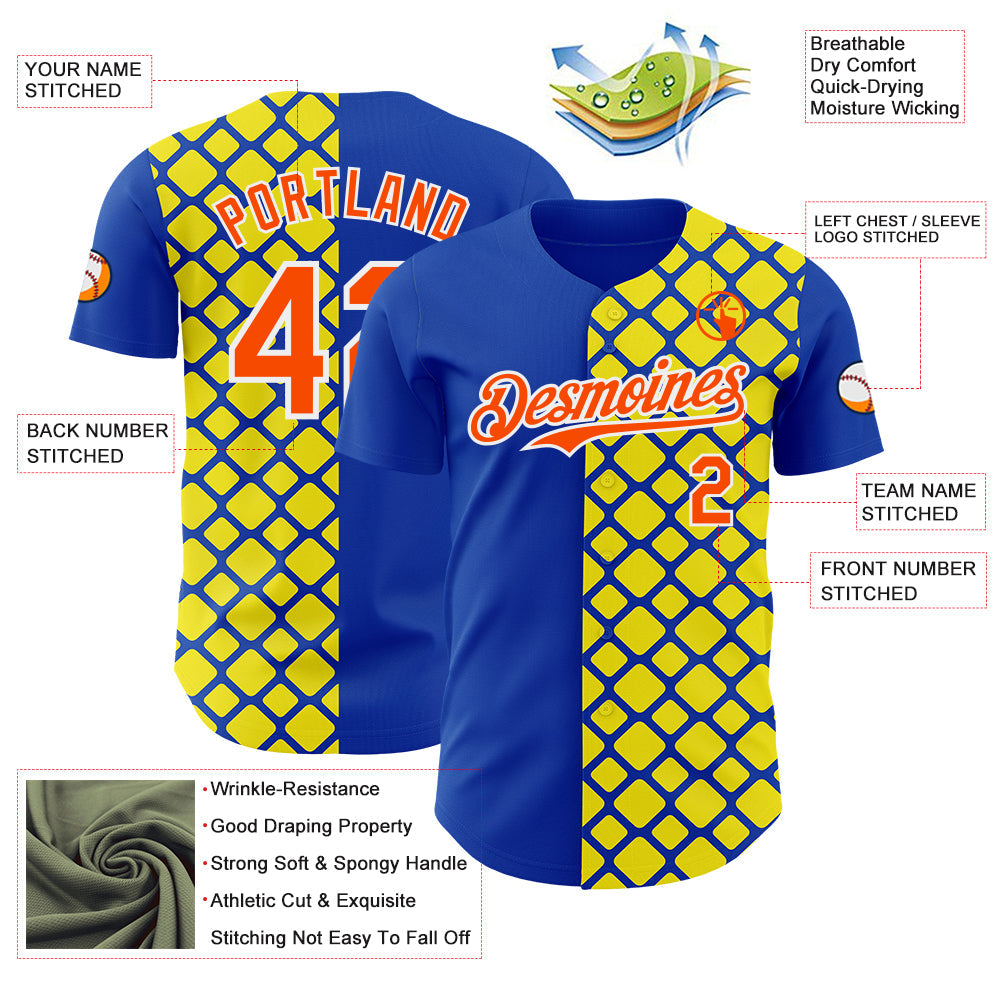 Custom Thunder Blue Orange Light Yellow-White Geometric Diamond Grid Rhombus Authentic Baseball Jersey view 3