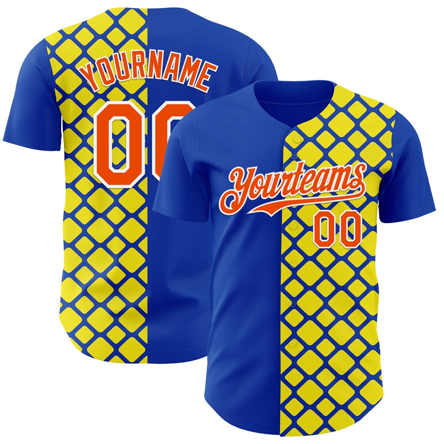 Custom Thunder Blue Orange Light Yellow-White Geometric Diamond Grid Rhombus Authentic Baseball Jersey - Main View