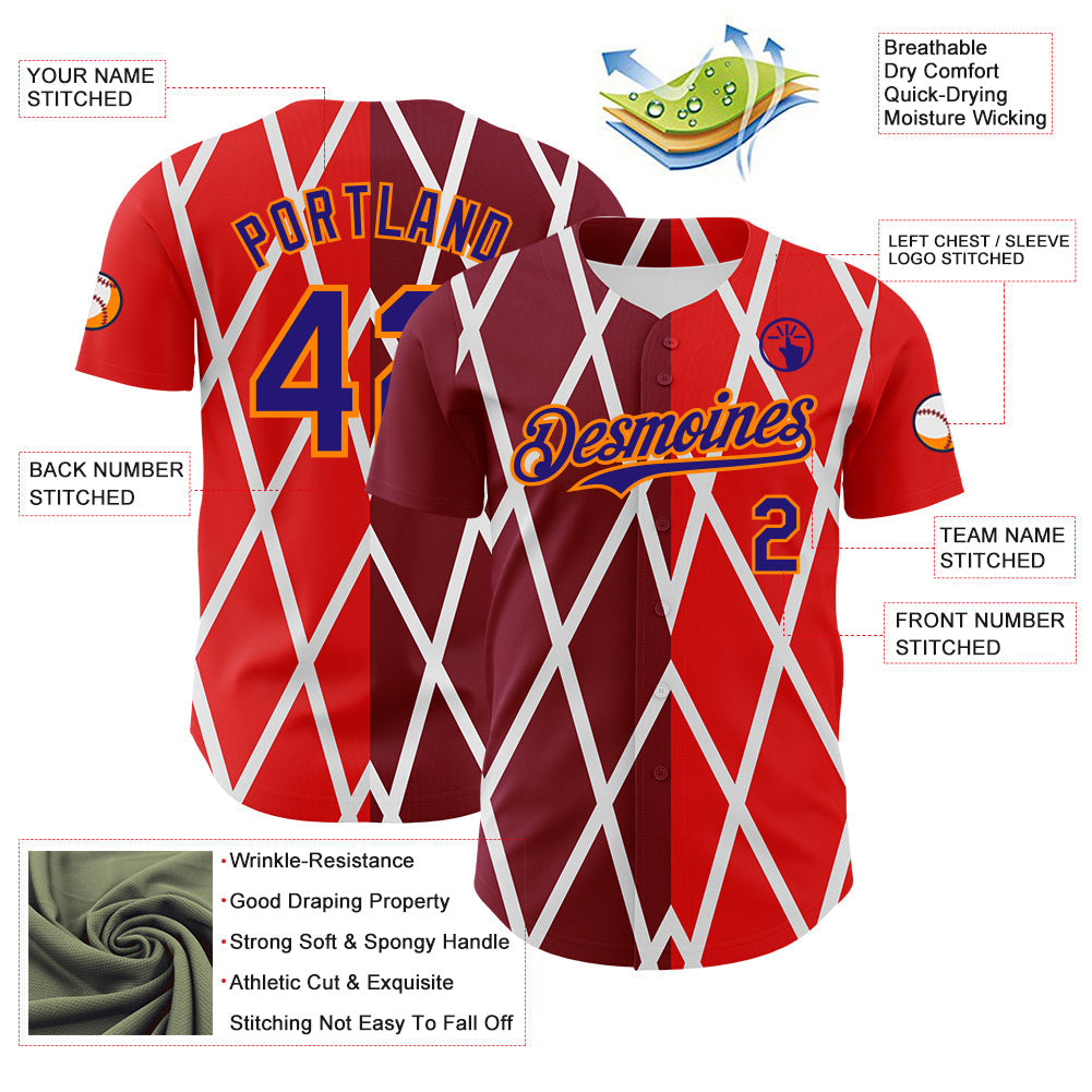 Custom White Dark Purple Red-Bay Orange Geometric Diamond Grid Rhombus Authentic Baseball Jersey view 3