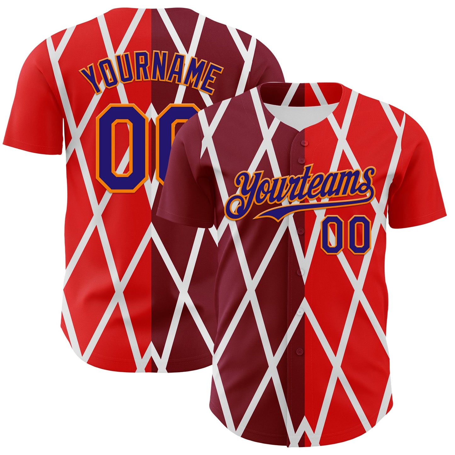 Custom White Dark Purple Red-Bay Orange Geometric Diamond Grid Rhombus Authentic Baseball Jersey - Main View