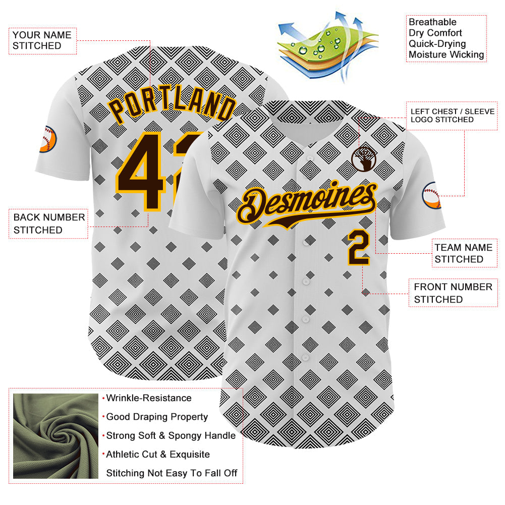 Custom White Brown Black-Gold Geometric Diamond Grid Rhombus Authentic Baseball Jersey view 3