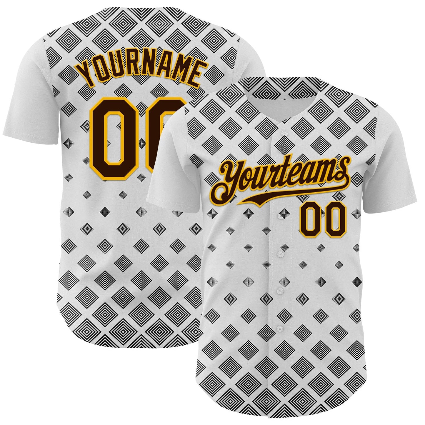 Custom White Brown Black-Gold Geometric Diamond Grid Rhombus Authentic Baseball Jersey - Main View