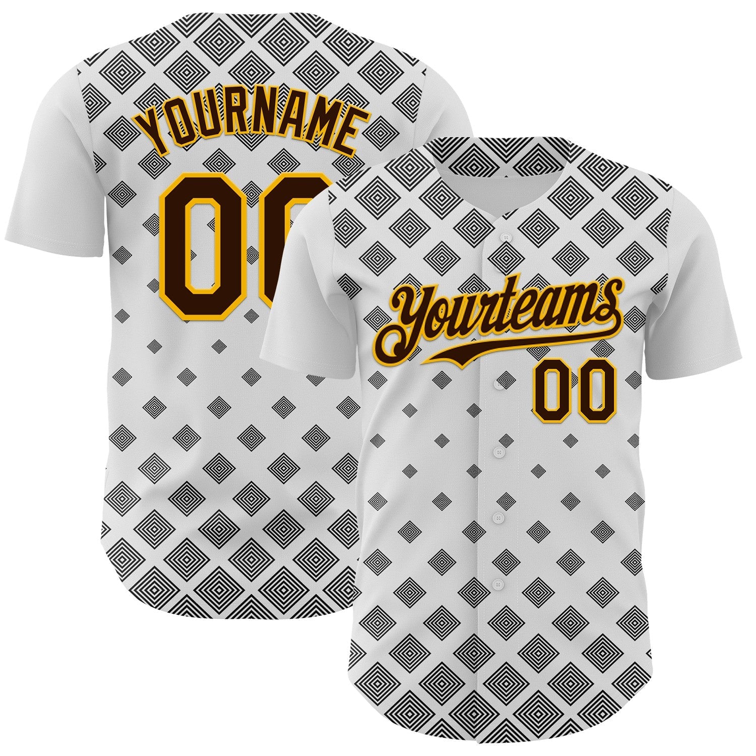 Custom White Brown Black-Gold Geometric Diamond Grid Rhombus Authentic Baseball Jersey - Main View
