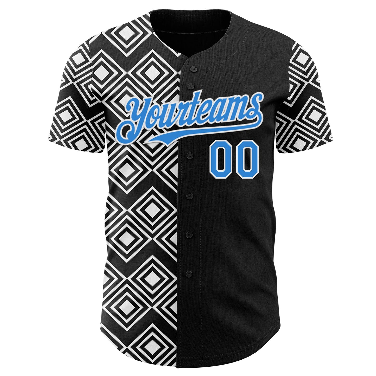 Custom Black Electric Blue-White Geometric Diamond Grid Rhombus Authentic Baseball Jersey view 2