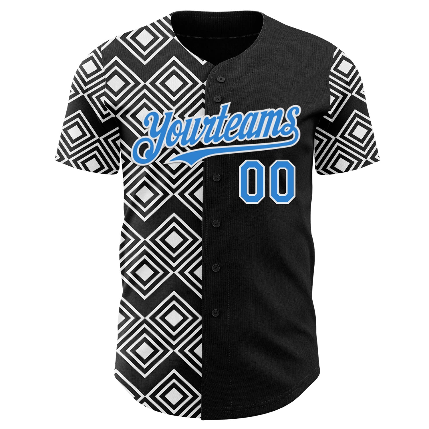 Custom Black Electric Blue-White Geometric Diamond Grid Rhombus Authentic Baseball Jersey view 2