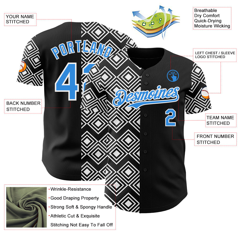 Custom Black Electric Blue-White Geometric Diamond Grid Rhombus Authentic Baseball Jersey view 3