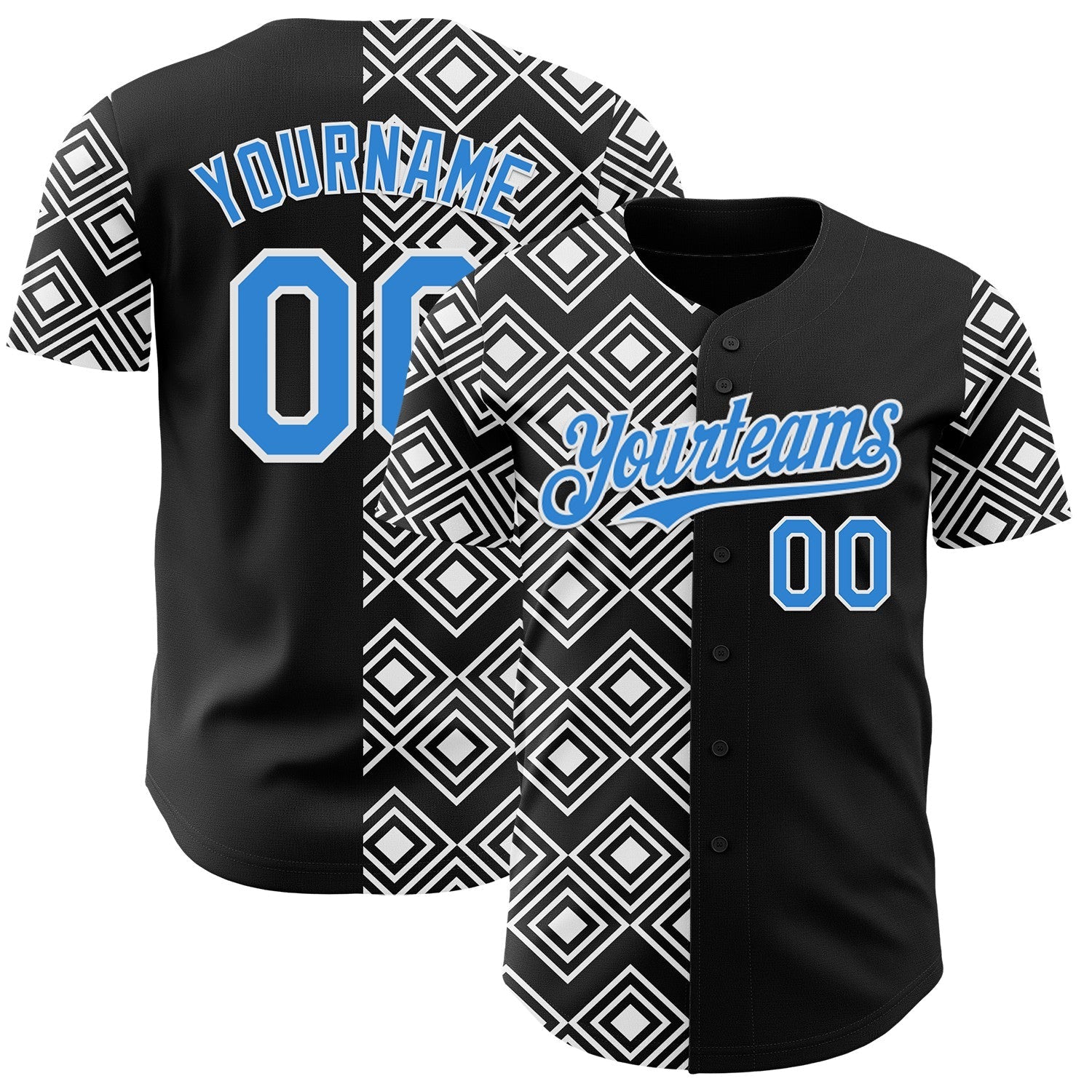 Custom Black Electric Blue-White Geometric Diamond Grid Rhombus Authentic Baseball Jersey - Main View