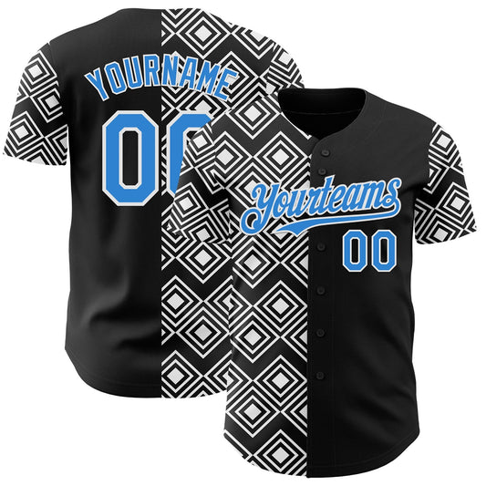 Custom Black Electric Blue-White Geometric Diamond Grid Rhombus Authentic Baseball Jersey - Main View