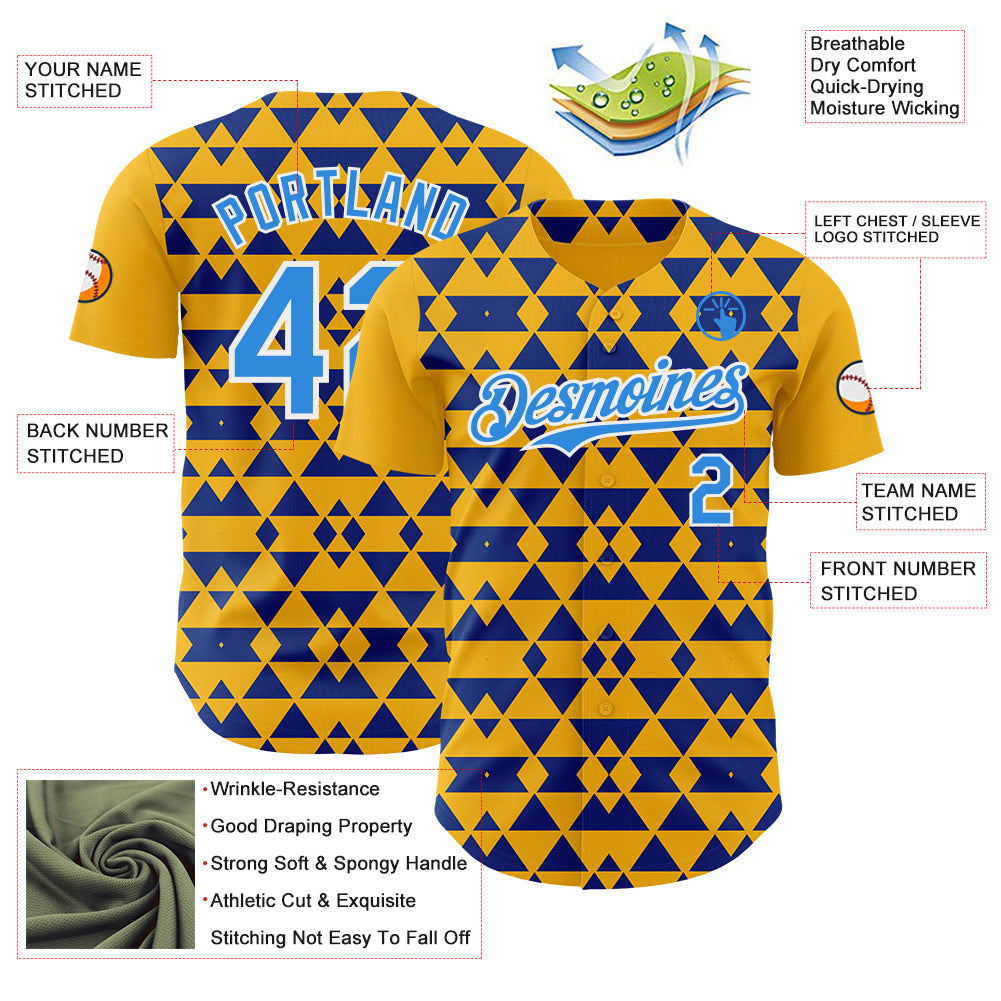 Custom Gold Electric Blue Royal-White Geometric Diamond Grid Rhombus Authentic Baseball Jersey view 3