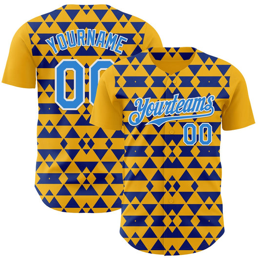 Custom Gold Electric Blue Royal-White Geometric Diamond Grid Rhombus Authentic Baseball Jersey - Main View