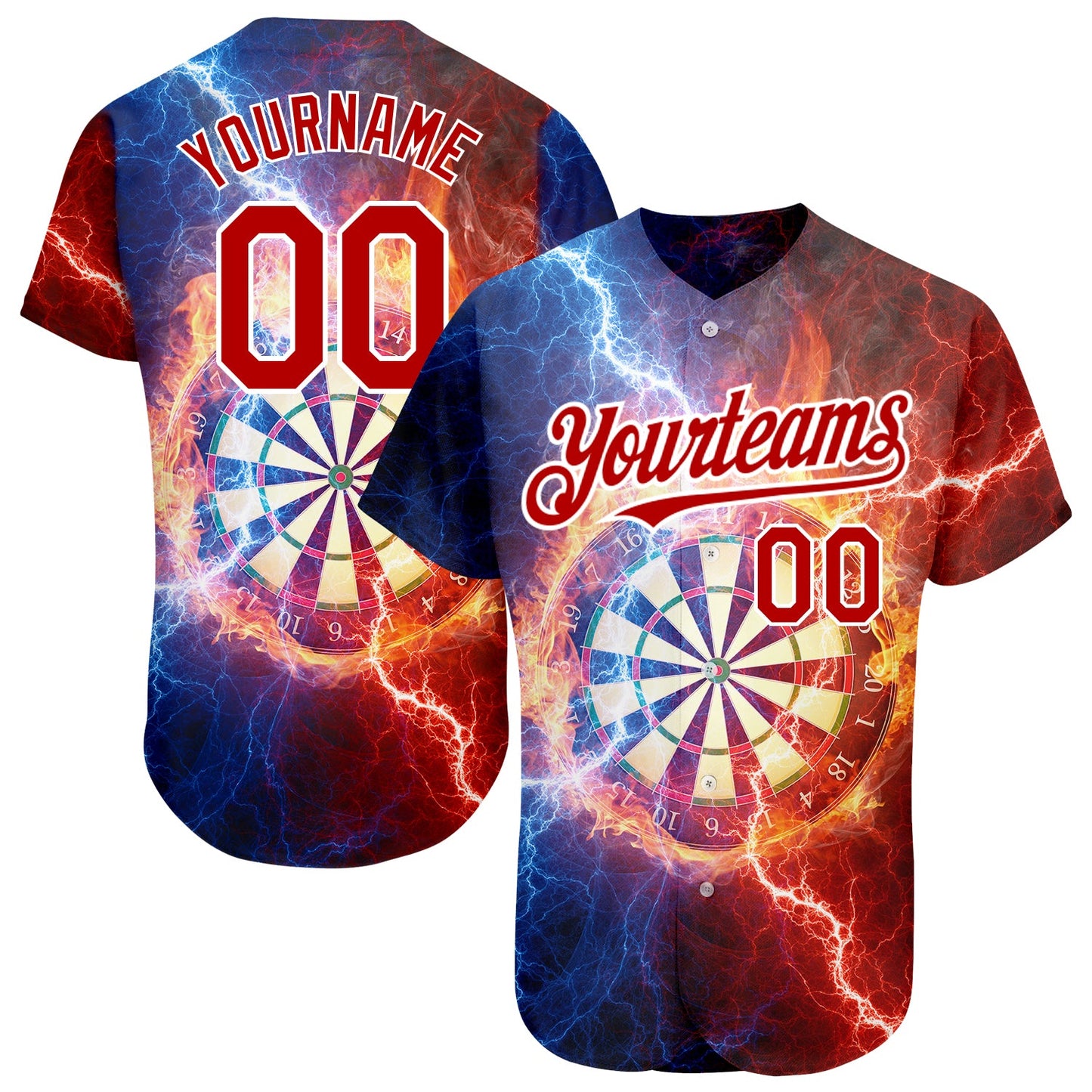 Custom Black Red-White 3D Pattern Design Lightning Flame Dart Board Authentic Baseball Jersey - Main View