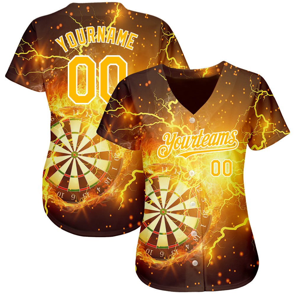 Custom Black Gold-White 3D Pattern Design Lightning Flame Dart Board Authentic Baseball Jersey view 2
