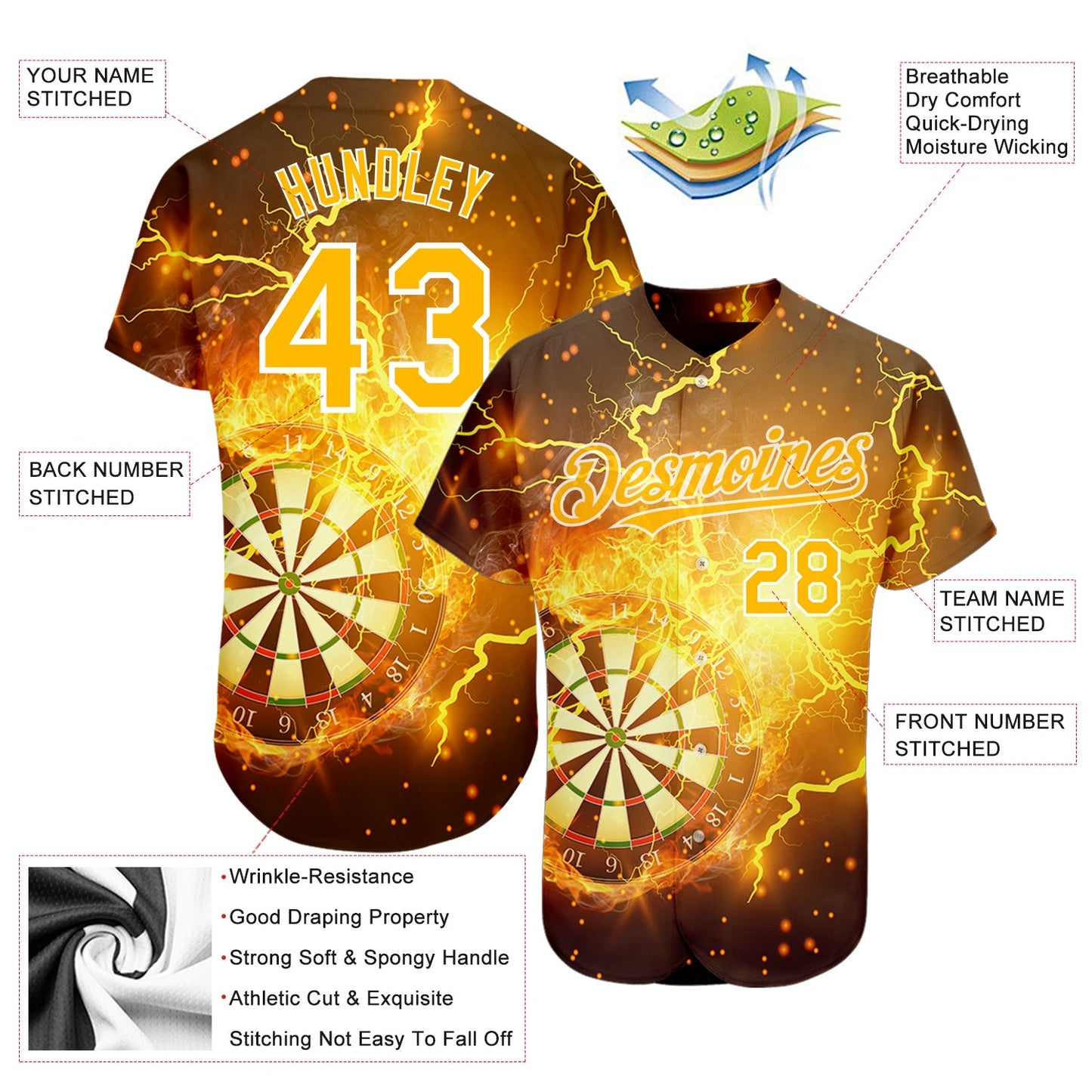 Custom Black Gold-White 3D Pattern Design Lightning Flame Dart Board Authentic Baseball Jersey view 3