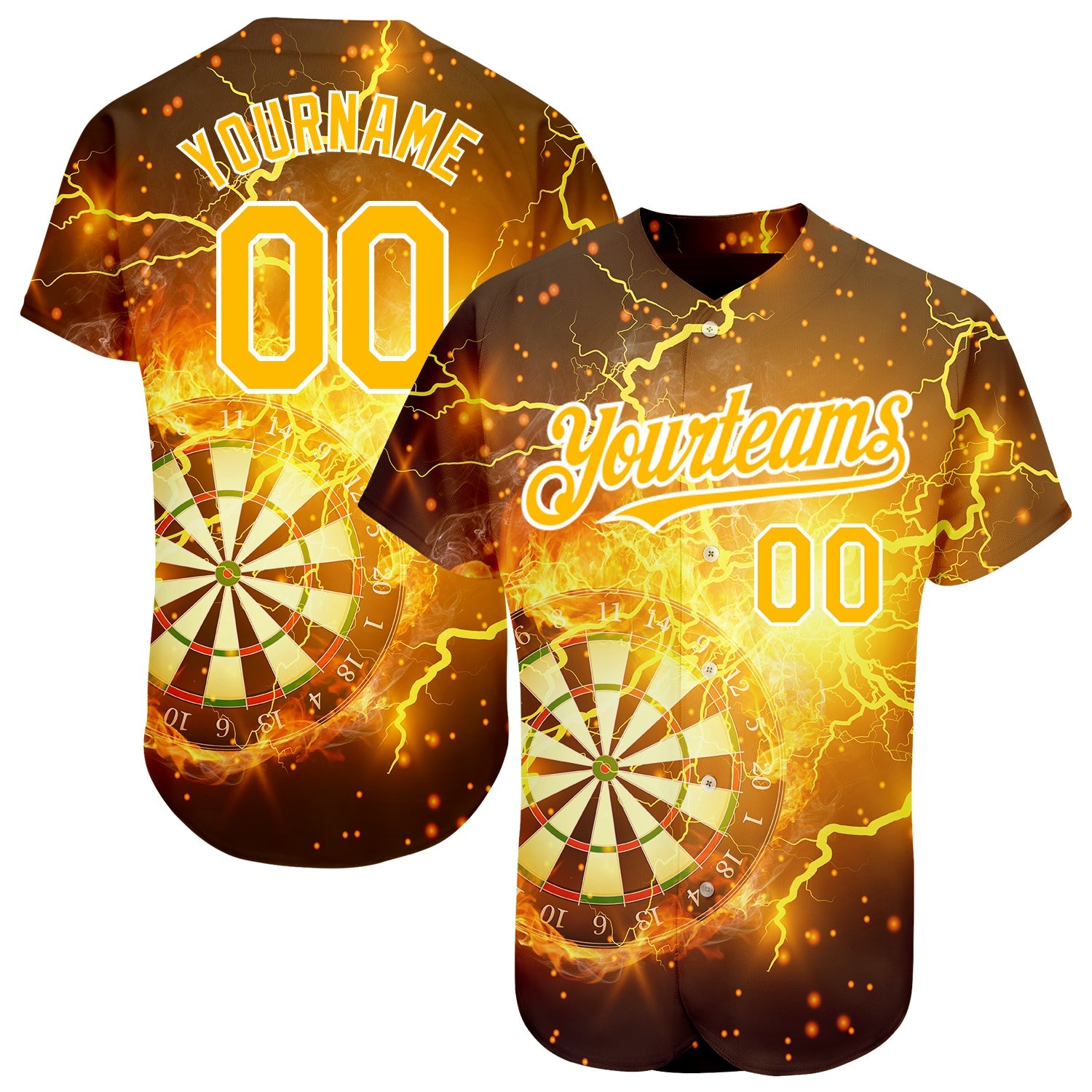 Custom Black Gold-White 3D Pattern Design Lightning Flame Dart Board Authentic Baseball Jersey - Main View