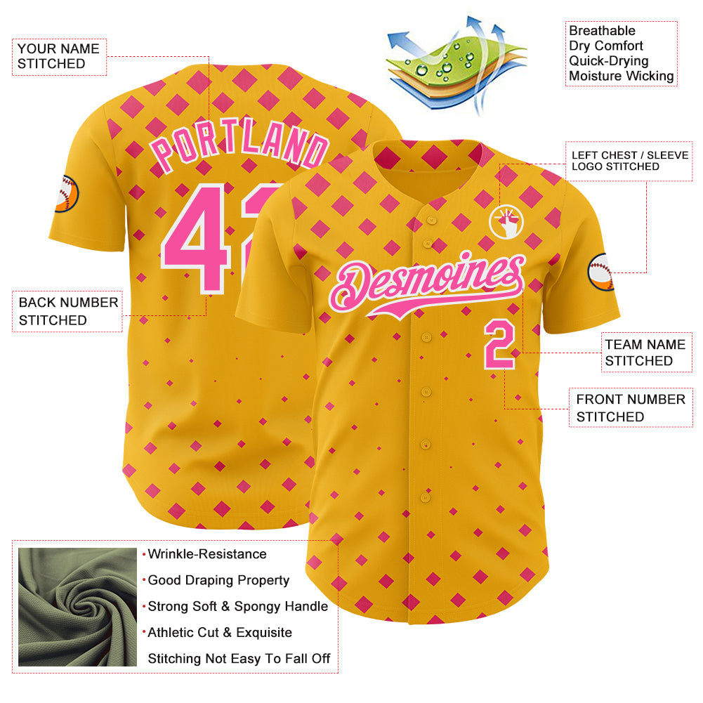 Custom Gold Pink-White Geometric Diamond Grid Rhombus Authentic Baseball Jersey view 3