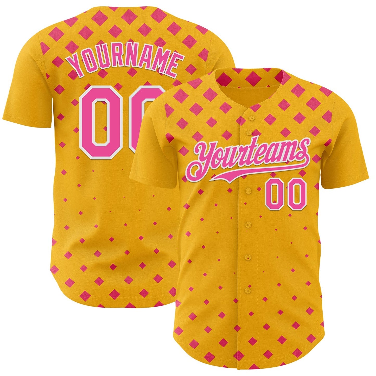Custom Gold Pink-White Geometric Diamond Grid Rhombus Authentic Baseball Jersey - Main View