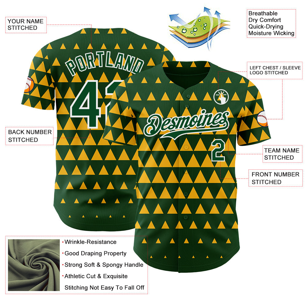 Custom Green Gold-White Geometric Diamond Grid Rhombus Authentic Baseball Jersey view 3