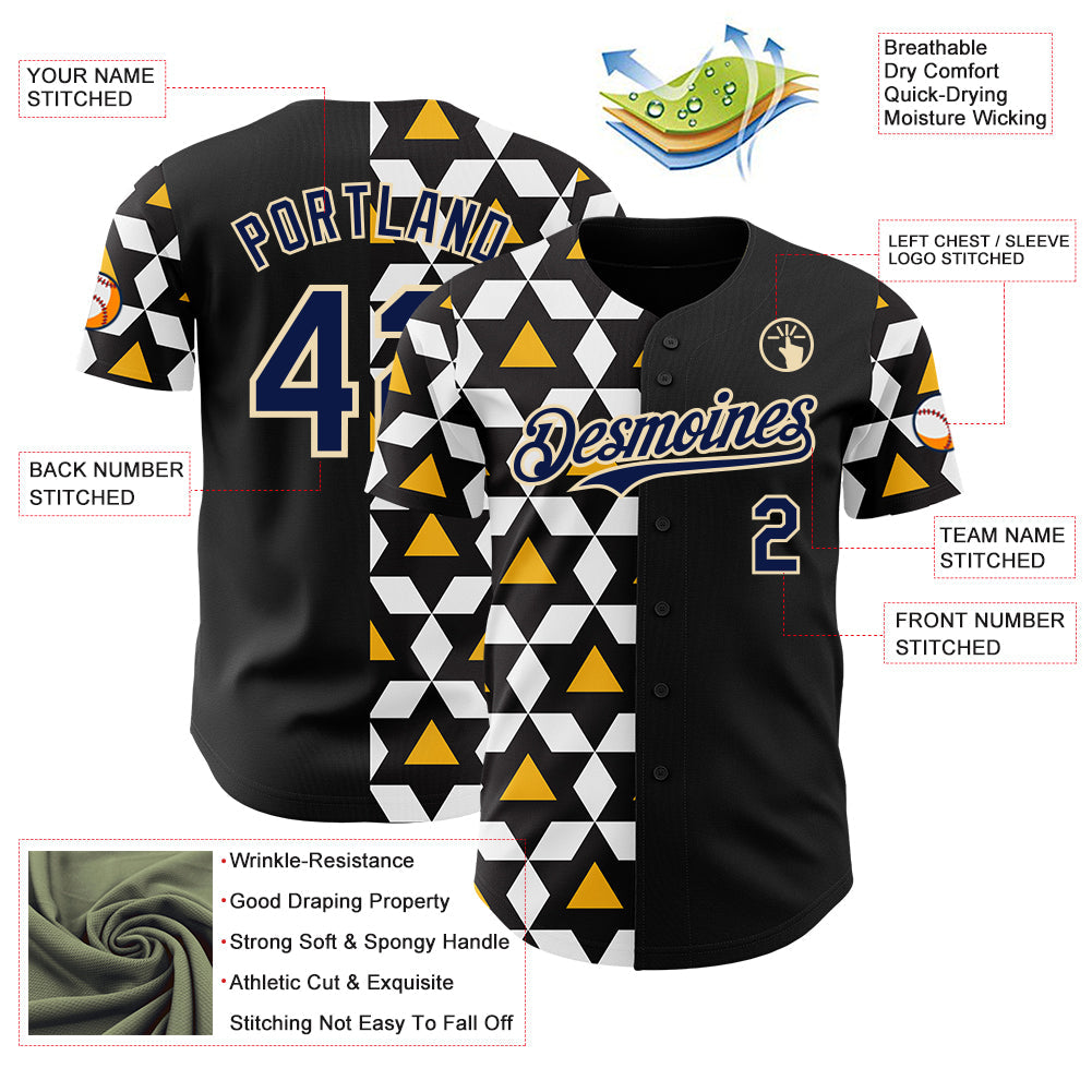 Custom Black Navy White Gold-Cream Geometric Diamond Grid Rhombus Authentic Baseball Jersey view 3