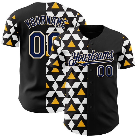 Custom Black Navy White Gold-Cream Geometric Diamond Grid Rhombus Authentic Baseball Jersey - Main View