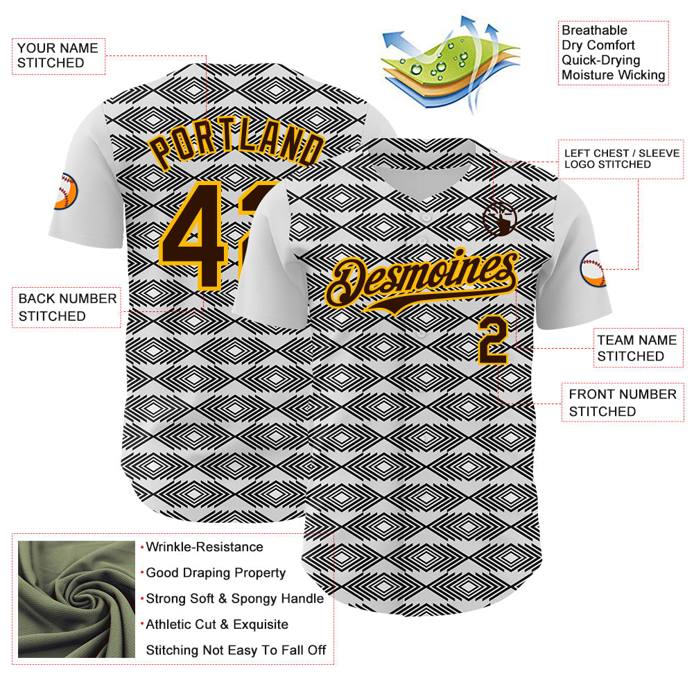 Custom White Brown Black-Gold Geometric Diamond Grid Rhombus Authentic Baseball Jersey view 3