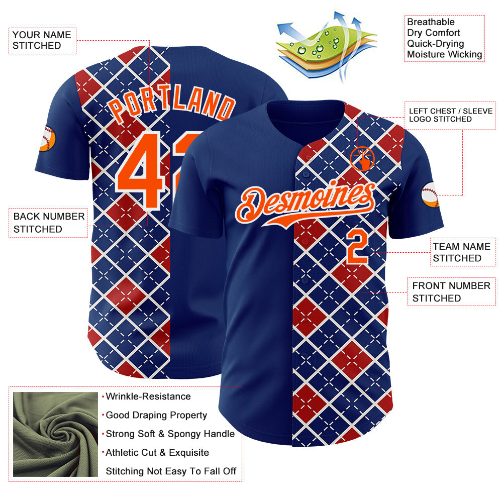 Custom US Navy Blue Orange Red-White Geometric Diamond Grid Rhombus Authentic Baseball Jersey view 3