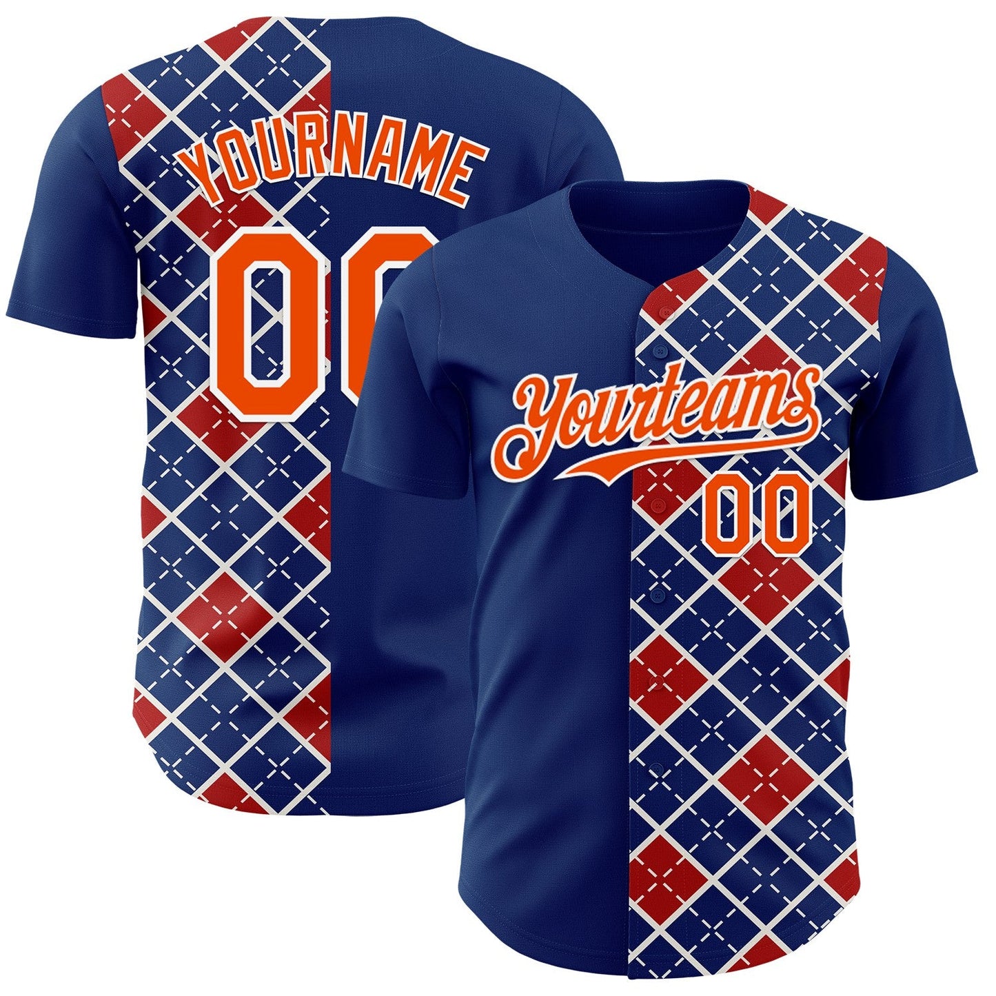 Custom US Navy Blue Orange Red-White Geometric Diamond Grid Rhombus Authentic Baseball Jersey - Main View