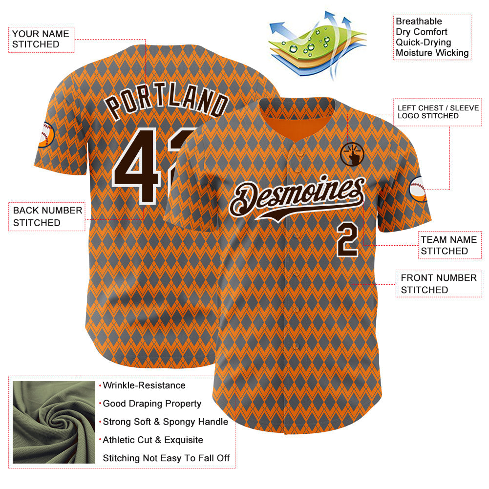 Custom Orange Brown Gray-White Geometric Diamond Grid Rhombus Authentic Baseball Jersey view 3