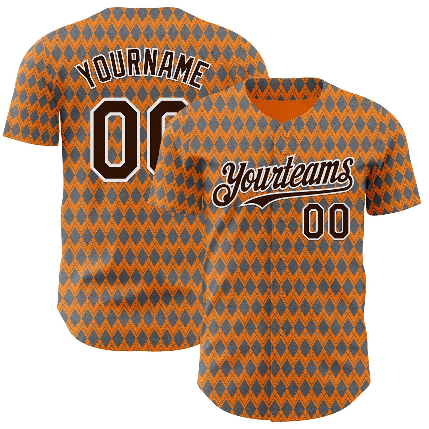 Custom Orange Brown Gray-White Geometric Diamond Grid Rhombus Authentic Baseball Jersey - Main View